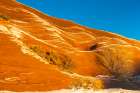 USA, New Mexico, Gallup, Red Rock Park. Sunrise and snow on mountain. Art Print